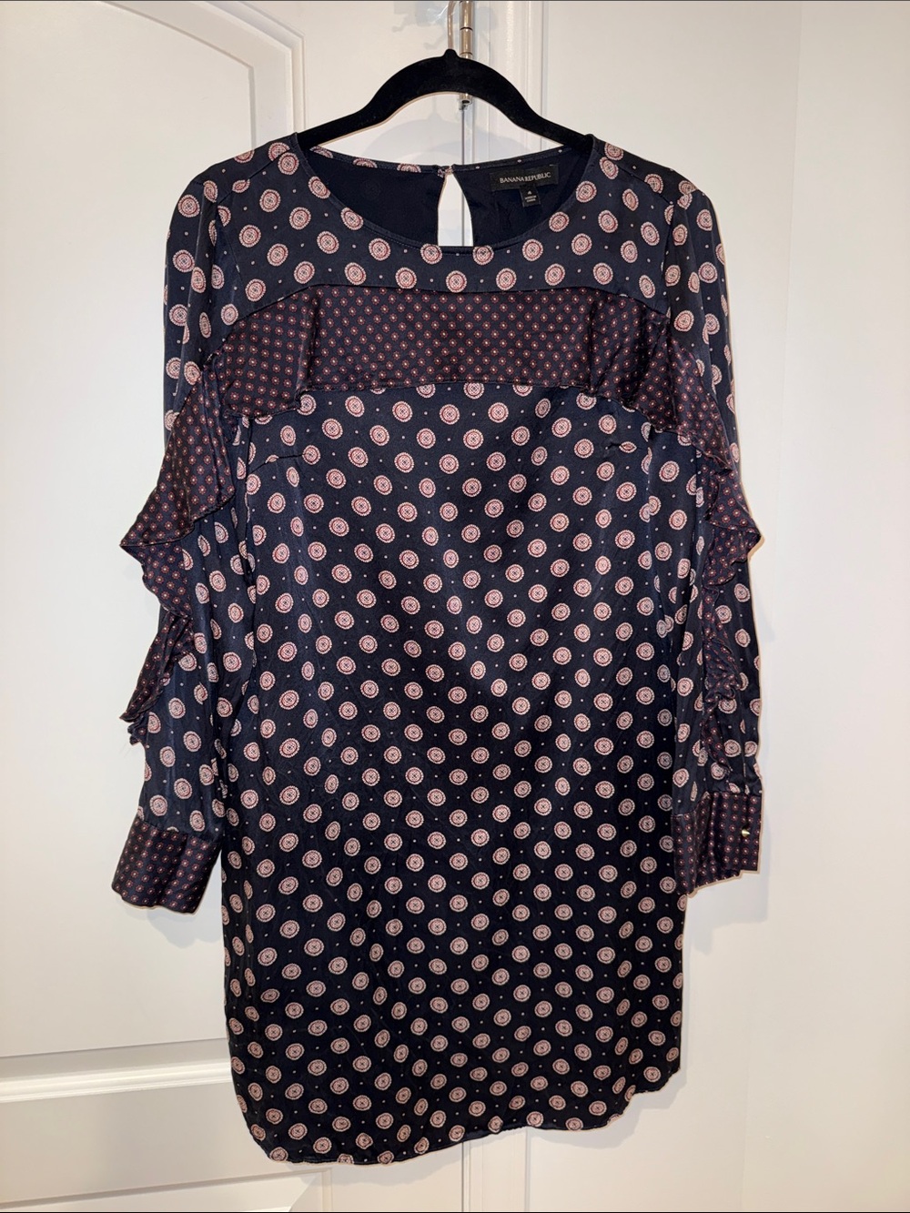 Banana Republic 100% Silk Navy Dress with Print - Long Sleeve